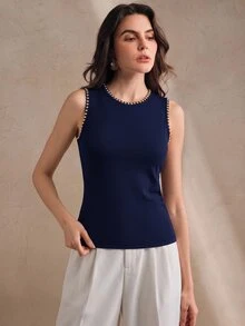 Anewsta Essential 女款優雅休閒深藍色鉚釘圓領背心，適合派對、夜店、生日場合 - 藏蓝色 - 查看 5