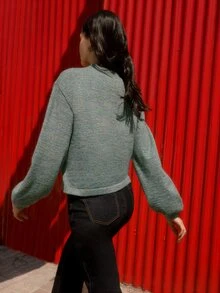 Nöista Chinese-Inspired Green Wool Jacket Knit With Mandarin Collar, Long Sleeves. Fall, Winter, Autumn, Everyday Look, College, Univerisity, Office, Cozy.. - Green - View 2