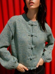 Nöista Chinese-Inspired Green Wool Jacket Knit With Mandarin Collar, Long Sleeves. Fall, Winter, Autumn, Everyday Look, College, Univerisity, Office, Cozy.. - Green - View 6