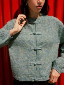 Nöista Chinese-Inspired Green Wool Jacket Knit With Mandarin Collar, Long Sleeves. Fall, Winter, Autumn, Everyday Look, College, Univerisity, Office, Cozy.. - Green - View 3