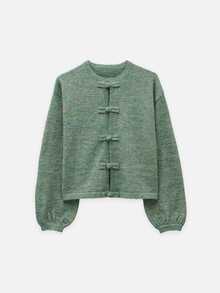 Nöista Chinese-Inspired Green Wool Jacket Knit With Mandarin Collar, Long Sleeves. Fall, Winter, Autumn, Everyday Look, College, Univerisity, Office, Cozy.. - Green - View 1