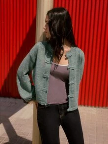 Nöista Chinese-Inspired Green Wool Jacket Knit With Mandarin Collar, Long Sleeves. Fall, Winter, Autumn, Everyday Look, College, Univerisity, Office, Cozy.. - Green - View 5