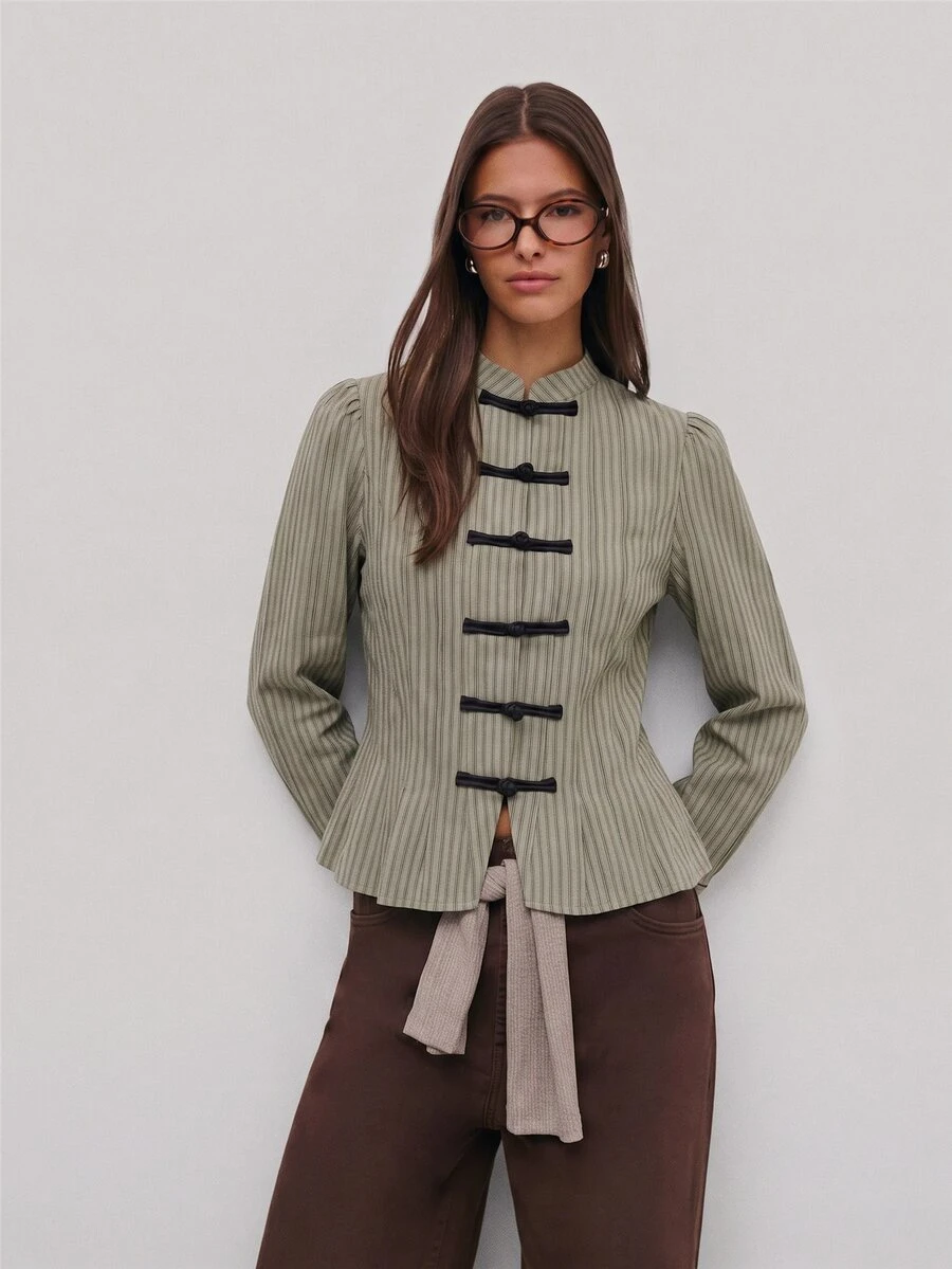 Nöista Striped Tailored Jacket, Business Casual Blazer For Women, Office Wear, Workwear, Fall Winter Outfit Cozy - Olive Green - View 1