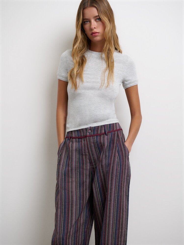 Nöista Part Of A Set, Striped Balloon Barrell Pants With Pleats  And Pockets. Fall, Winter, Autumn,Casual,College, Office, Cozy Everyday Look, Set Coords. - Navy Blue - View 7