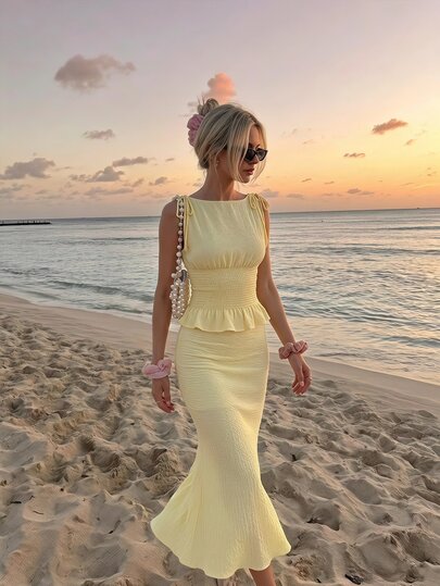 SHEIN MOD Women's Solid Color Shoulder Tie Waist Gathered Tank Top And Mermaid Skirt Elegant Set
