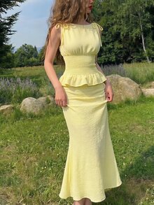 SHEIN MOD 女款純色肩帶綁腰抓褶背心上衣與魚尾裙優雅套裝 - 黃色 - 查看 5