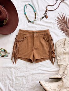 SHEIN MOD Brown Suede Tassel Pocket Low Waist Micro Shorts - Brown - View 5