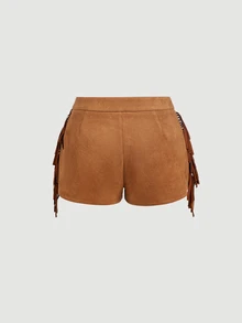 SHEIN MOD Brown Suede Tassel Pocket Low Waist Micro Shorts - Brown - View 6