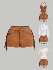 SHEIN MOD Brown Suede Tassel Pocket Low Waist Micro Shorts - Brown - View 3