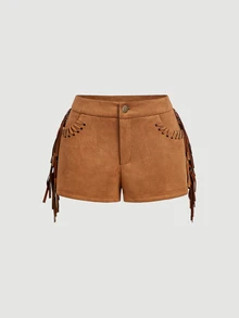 SHEIN MOD Brown Suede Tassel Pocket Low Waist Micro Shorts - Brown - View 4