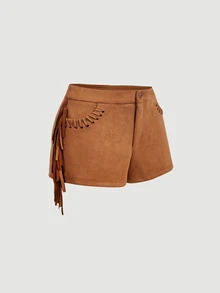 SHEIN MOD Brown Suede Tassel Pocket Low Waist Micro Shorts - Brown - View 2
