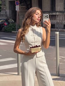 SHEIN MOD Elegant Frog Button Halter Top And Straight Leg Pants Suit Set - Apricot - View 2