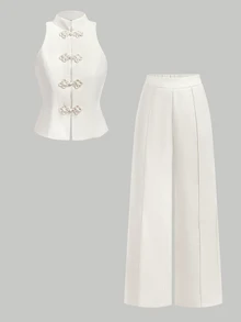 SHEIN MOD Elegant Frog Button Halter Top And Straight Leg Pants Suit Set - Apricot - View 3