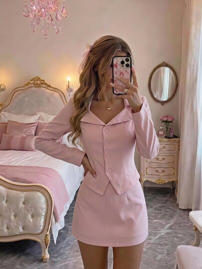 SHEIN MOD Court Style Pink Lapel Jacket And Skirt Suit Set