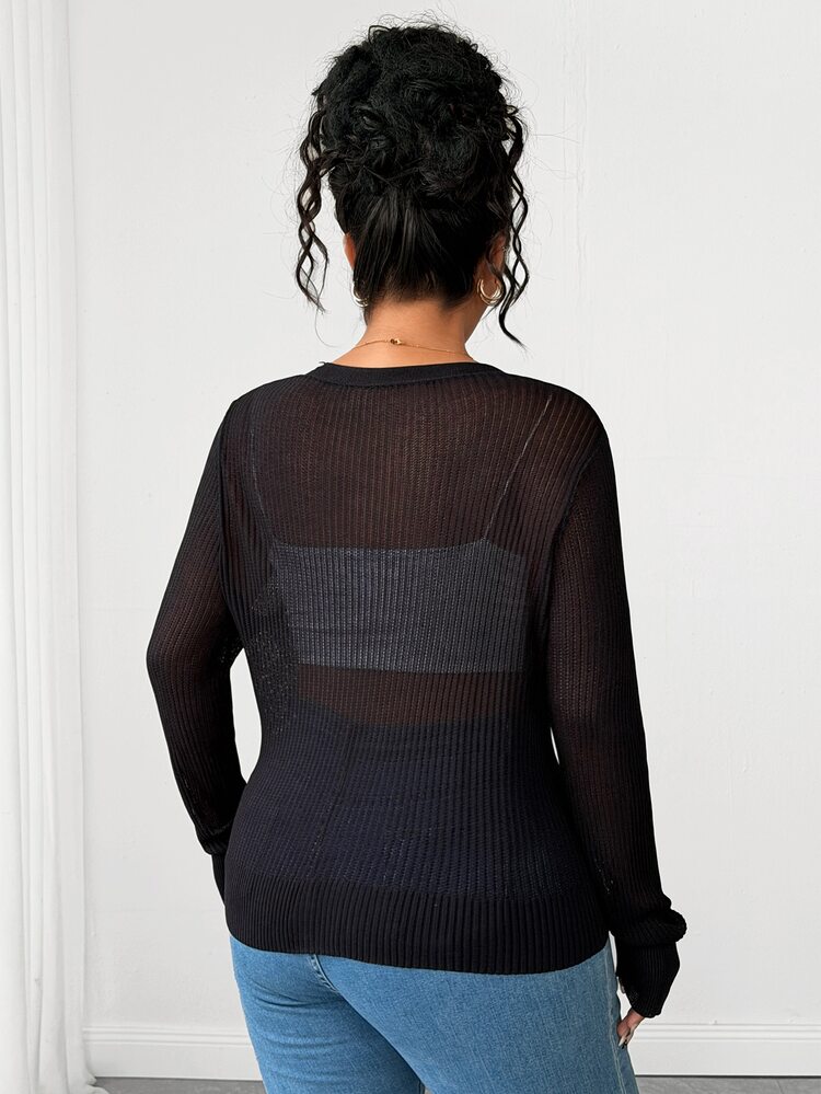 Elenzga Plus Size Women's V-Neck Single-Breasted Casual Versatile Everyday Long Sleeve Cardigan - Black - View 2