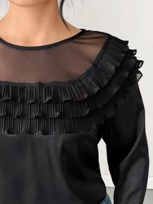 Elenzga Blus Elegan Berlapis-lapis Jala Kontras Warna Polos untuk Wanita Ukuran Besar - Hitam - View 7