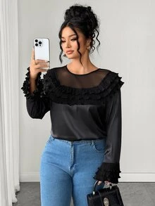 Elenzga Blus Elegan Berlapis-lapis Jala Kontras Warna Polos untuk Wanita Ukuran Besar - Hitam - View 4