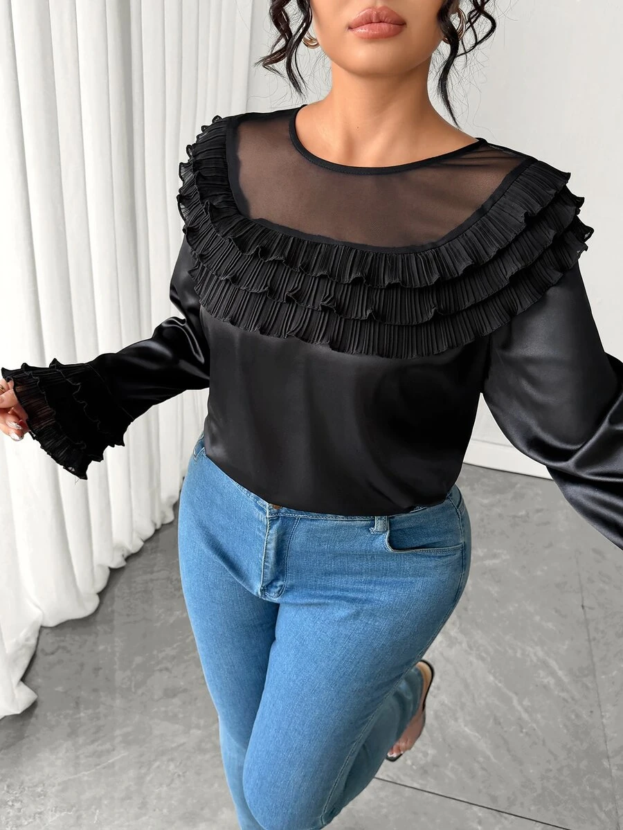 Elenzga Blus Elegan Berlapis-lapis Jala Kontras Warna Polos untuk Wanita Ukuran Besar - Hitam - View 1