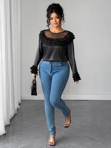 Elenzga Blus Elegan Berlapis-lapis Jala Kontras Warna Polos untuk Wanita Ukuran Besar - Hitam - View 3