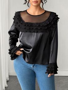 Elenzga Blus Elegan Berlapis-lapis Jala Kontras Warna Polos untuk Wanita Ukuran Besar - Hitam - View 6