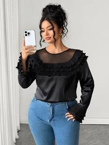 Elenzga Blus Elegan Berlapis-lapis Jala Kontras Warna Polos untuk Wanita Ukuran Besar - Hitam - View 5