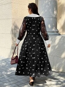 Easura Gaun Liburan Vintage Elegan 1920-an untuk Wanita dengan Motif Cetak, Kerah Lentera Warna Kontras Musim Gugur/Dingin, Lengan Panjang, Bahan Campuran, Patchwork, Kancing, Belahan Tinggi - Hitam - View 2