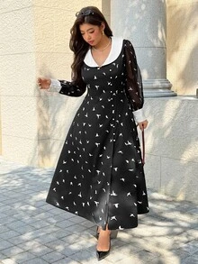Easura Gaun Liburan Vintage Elegan 1920-an untuk Wanita dengan Motif Cetak, Kerah Lentera Warna Kontras Musim Gugur/Dingin, Lengan Panjang, Bahan Campuran, Patchwork, Kancing, Belahan Tinggi - Hitam - View 8