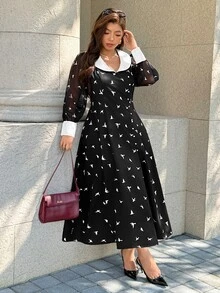 Easura Gaun Liburan Vintage Elegan 1920-an untuk Wanita dengan Motif Cetak, Kerah Lentera Warna Kontras Musim Gugur/Dingin, Lengan Panjang, Bahan Campuran, Patchwork, Kancing, Belahan Tinggi - Hitam - View 5