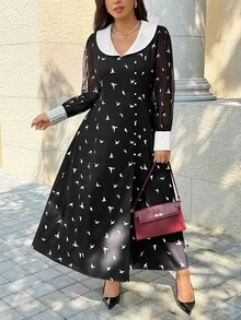 Easura Gaun Liburan Vintage Elegan 1920-an untuk Wanita dengan Motif Cetak, Kerah Lentera Warna Kontras Musim Gugur/Dingin, Lengan Panjang, Bahan Campuran, Patchwork, Kancing, Belahan Tinggi - Hitam - View 4