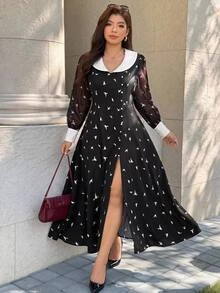 Easura Gaun Liburan Vintage Elegan 1920-an untuk Wanita dengan Motif Cetak, Kerah Lentera Warna Kontras Musim Gugur/Dingin, Lengan Panjang, Bahan Campuran, Patchwork, Kancing, Belahan Tinggi - Hitam - View 1