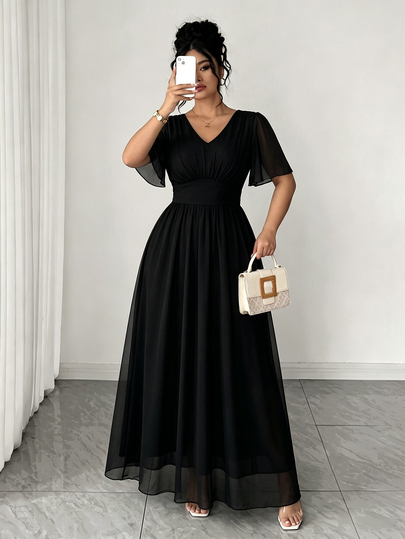 Elenzga Plus Size Women Elegant Party Cocktail Birthday Gathering V-Neck Waist-Cinching Long Blue Dress