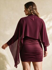 SHEIN LUNE Plus Size French Mock Neck Draped Long Sleeve Ruched Bodycon Mini Two Pieces Dress Set Fall - Burgundy - View 6