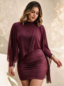 SHEIN LUNE Plus Size French Mock Neck Draped Long Sleeve Ruched Bodycon Mini Two Pieces Dress Set Fall - Burgundy - View 1