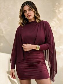 SHEIN LUNE Plus Size French Mock Neck Draped Long Sleeve Ruched Bodycon Mini Two Pieces Dress Set Fall - Burgundy - View 4
