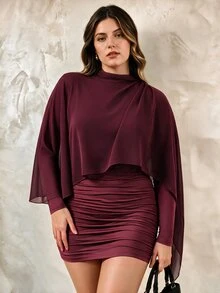SHEIN LUNE Plus Size French Mock Neck Draped Long Sleeve Ruched Bodycon Mini Two Pieces Dress Set Fall - Burgundy - View 3