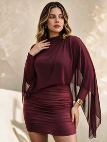 SHEIN LUNE Plus Size French Mock Neck Draped Long Sleeve Ruched Bodycon Mini Two Pieces Dress Set Fall - Burgundy - View 5