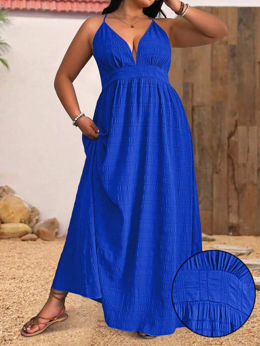 Sunserae Pure Plus Size Women Summer Sleeveless Textured Belt Beach Vacation Dress - Royal Blue - View 1