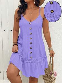 Breezaya Plus Size V-Neck Sleeveless Front Button Ruffle Hem Textured Slip Dress - Lilac Purple - View 1