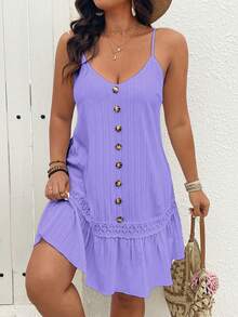 Breezaya Plus Size V-Neck Sleeveless Front Button Ruffle Hem Textured Slip Dress - Lilac Purple - View 8