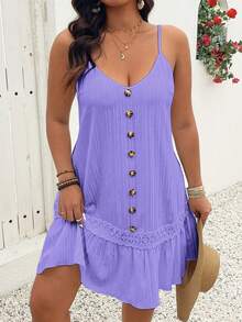 Breezaya Plus Size V-Neck Sleeveless Front Button Ruffle Hem Textured Slip Dress - Lilac Purple - View 7