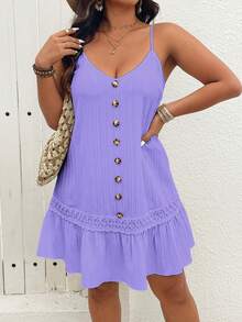 Breezaya Plus Size V-Neck Sleeveless Front Button Ruffle Hem Textured Slip Dress - Lilac Purple - View 4