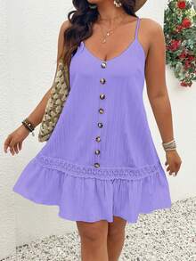 Breezaya Plus Size V-Neck Sleeveless Front Button Ruffle Hem Textured Slip Dress - Lilac Purple - View 6