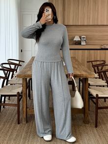 Calvaya Plus Size Women's Autumn/Winter Small Stand Collar Slim Fit Knit Fabric Casual Western Commute Set Fall Formal Vacation Grey - Grey - View 5
