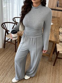 Calvaya Plus Size Women's Autumn/Winter Small Stand Collar Slim Fit Knit Fabric Casual Western Commute Set Fall Formal Vacation Grey - Grey - View 6