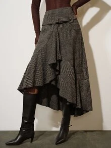 Aveloria Modichic Women's Skirt Asymmetric A-Line Textured Tweed Wrap Ruffle Front Fishtail Hem Retro Elegant Brown Coffee Plaid Fall Clothes For Women Thanksgiving - Multicolor - View 4