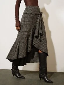 Aveloria Modichic Women's Skirt Asymmetric A-Line Textured Tweed Wrap Ruffle Front Fishtail Hem Retro Elegant Brown Coffee Plaid Fall Clothes For Women Thanksgiving - Multicolor - View 1