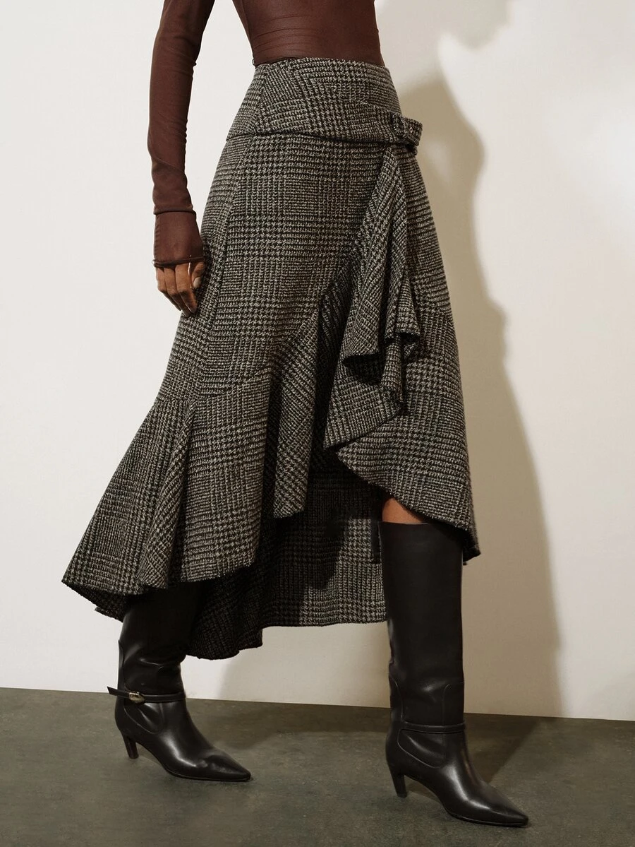 Aveloria Modichic Women's Skirt Asymmetric A-Line Textured Tweed Wrap Ruffle Front Fishtail Hem Retro Elegant Brown Coffee Plaid Fall Clothes For Women Thanksgiving - Multicolor - View 1