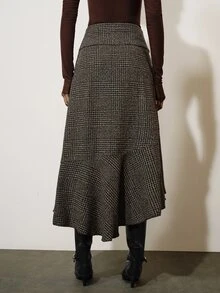 Aveloria Modichic Women's Skirt Asymmetric A-Line Textured Tweed Wrap Ruffle Front Fishtail Hem Retro Elegant Brown Coffee Plaid Fall Clothes For Women Thanksgiving - Multicolor - View 2