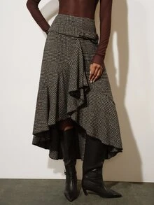 Aveloria Modichic Women's Skirt Asymmetric A-Line Textured Tweed Wrap Ruffle Front Fishtail Hem Retro Elegant Brown Coffee Plaid Fall Clothes For Women Thanksgiving - Multicolor - View 3