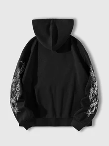 ROMWE MEN Street Life Men's Dark Style Anime Character Graphic Print Long Sleeve Hoodie - Black - View 2
